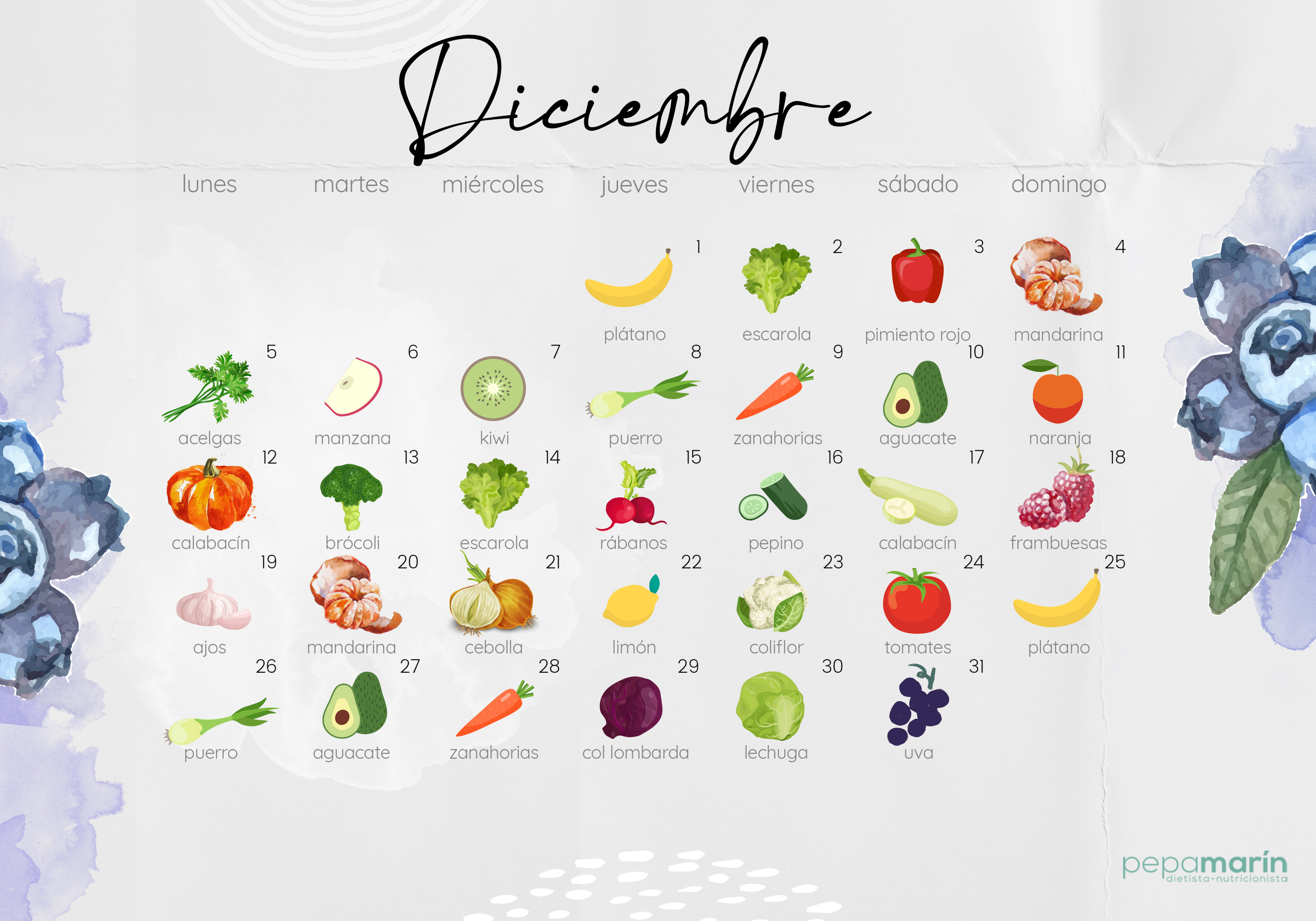 Calendario frutas y verduras diciembre 2022