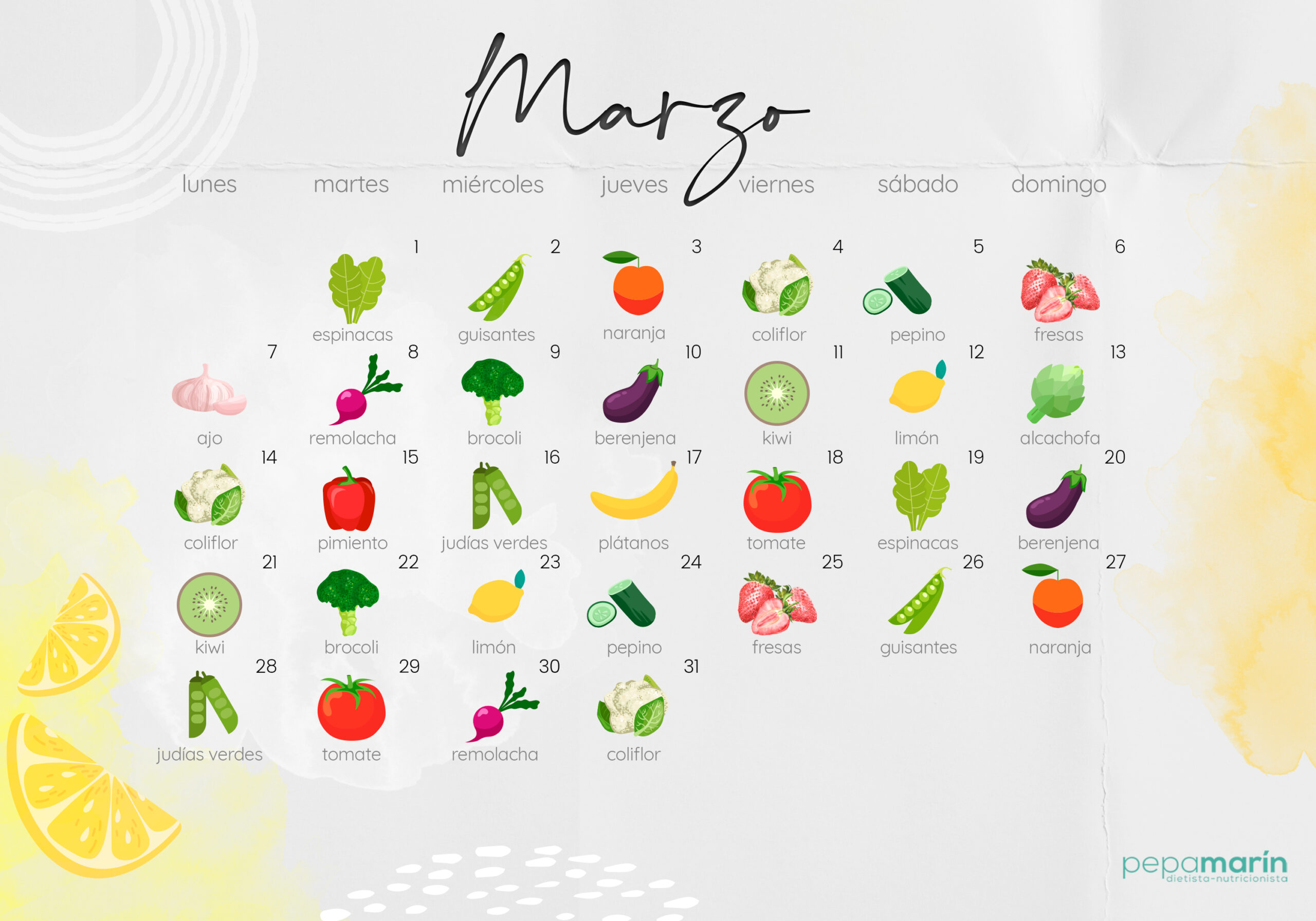 Calendario frutas y verduras marzo 2022