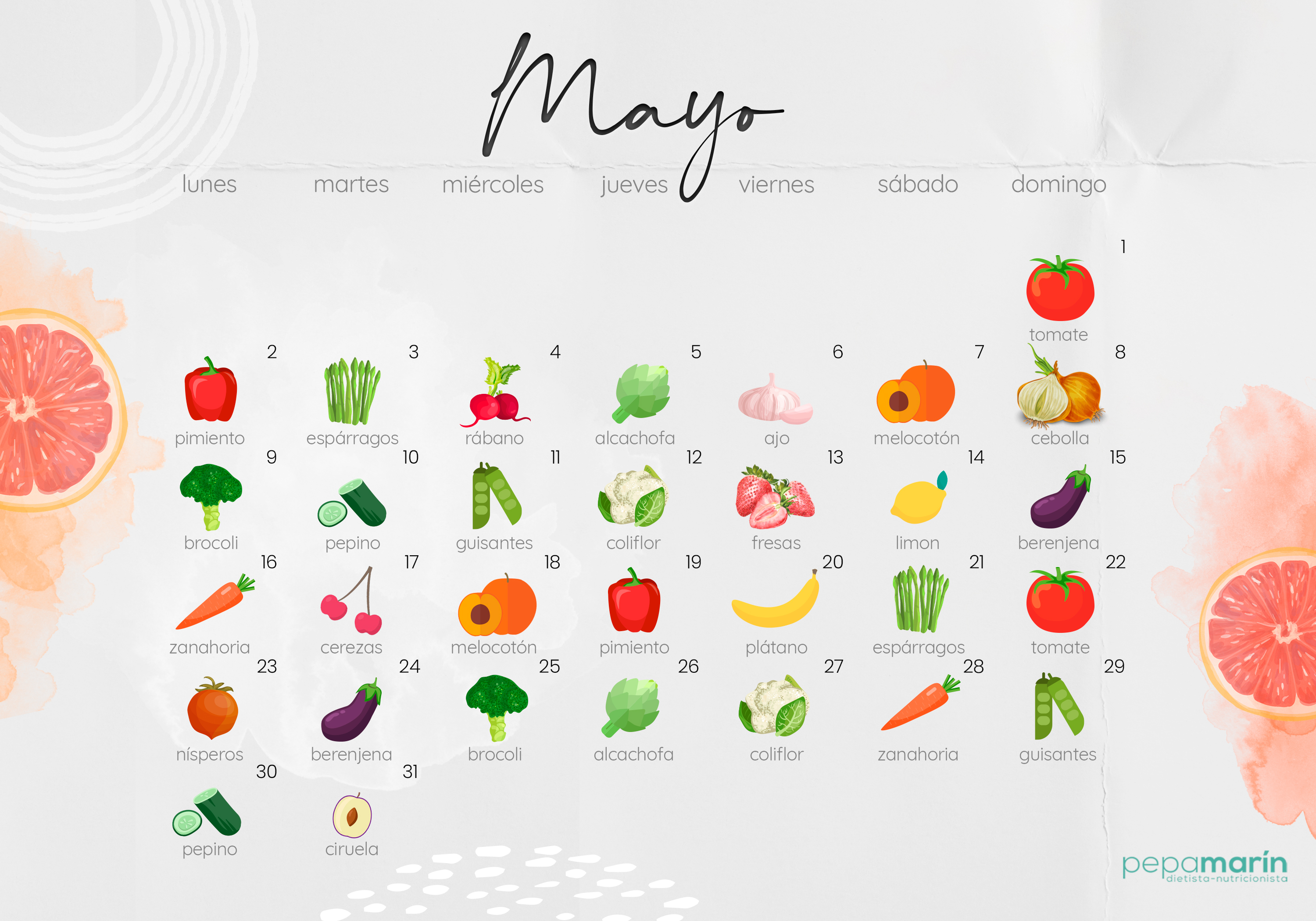 Calendario para frutas y verduras de 2022